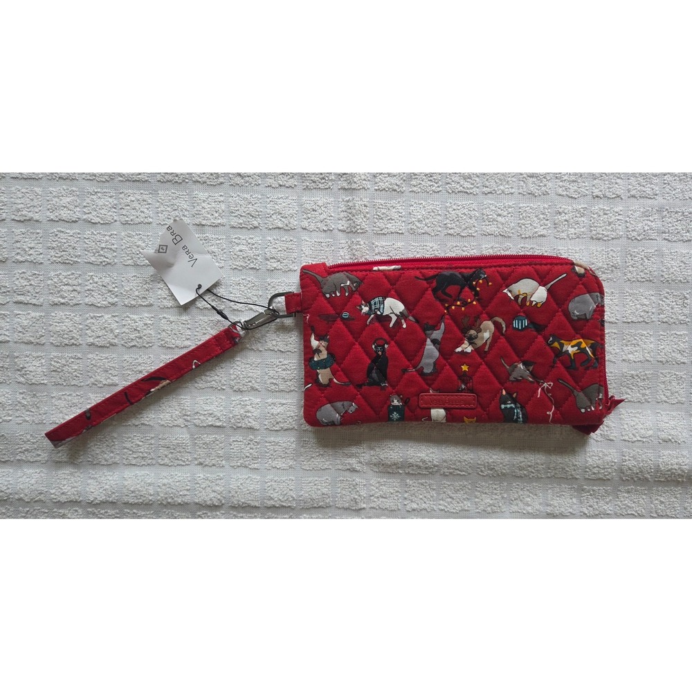 Vera Bradley Holiday Cats RFID Tech Wristlet Red Quilted Cotton Wallet 27593-X63